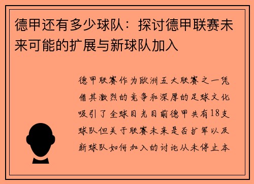 德甲还有多少球队：探讨德甲联赛未来可能的扩展与新球队加入