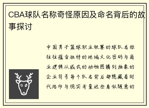 CBA球队名称奇怪原因及命名背后的故事探讨