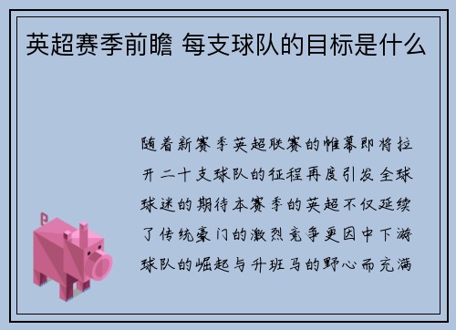 英超赛季前瞻 每支球队的目标是什么