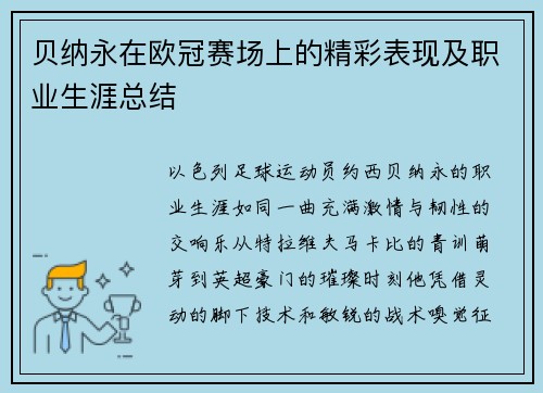 贝纳永在欧冠赛场上的精彩表现及职业生涯总结